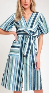 (Moon River) Blue and White Striped Dress, Sz. XL